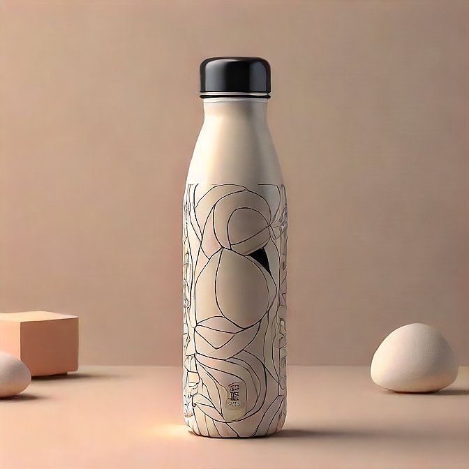 Stylish insulated water bottle with black cap and abstract art, professionally shot.