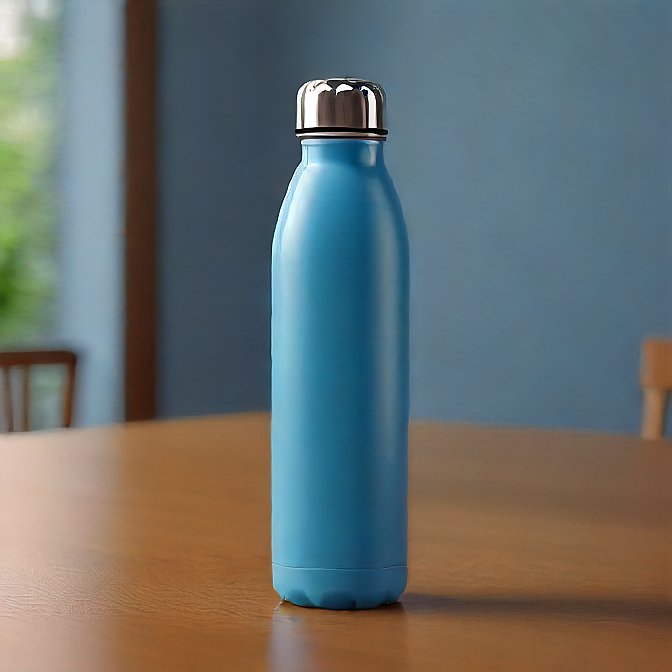 A modern blue thermos bottle on a desk, designed to keep beverages hot or cold.