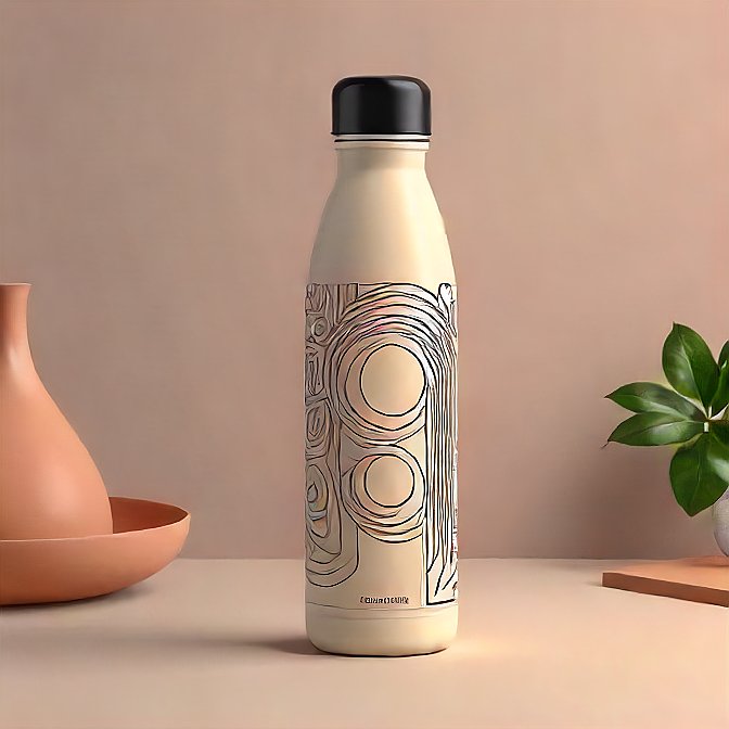 Sleek thermos water bottle with black lid and artistic line patterns, displayed in a studio setting.