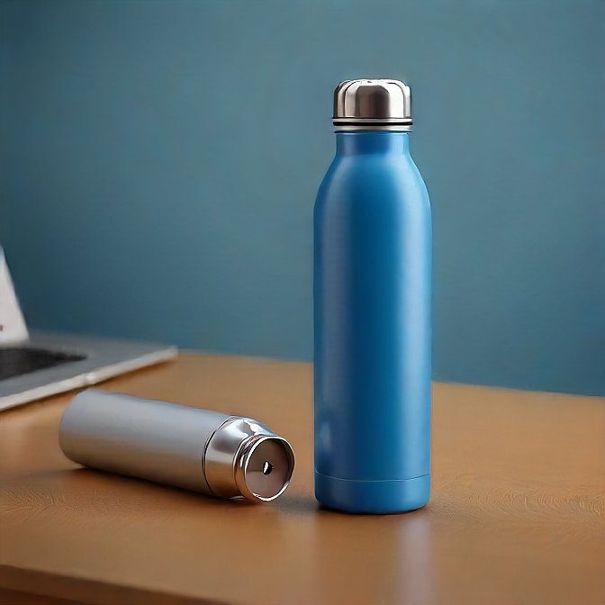 A sleek blue steel bottle with a silver lid, sitting on a workspace, designed for daily use.