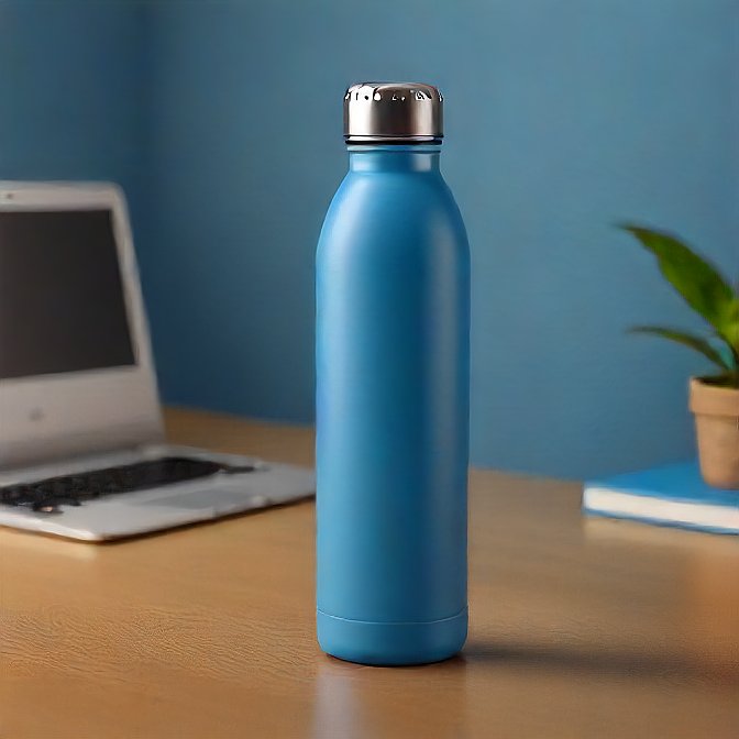 A smooth blue metal bottle with a silver cap, perfect for keeping drinks at the ideal temperature.