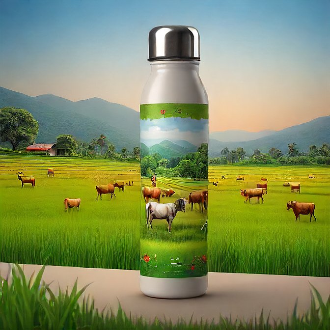 Insulated steel bottle showcasing hardworking Indian farmers in lush green fields.