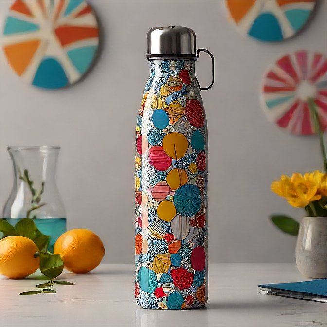 Water colour Durable stainless water bottle with a multi-color pattern