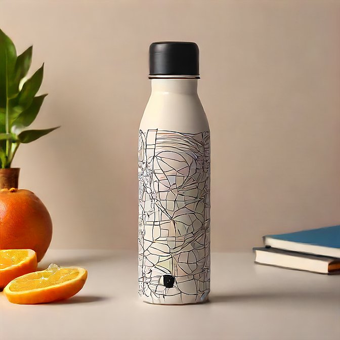 Studio shot of a sleek cream insulated water bottle with abstract art and a black cap.