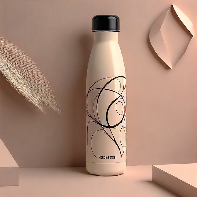 Minimalist cream-colored steel bottle with sleek lines and artistic designs, in a product studio.