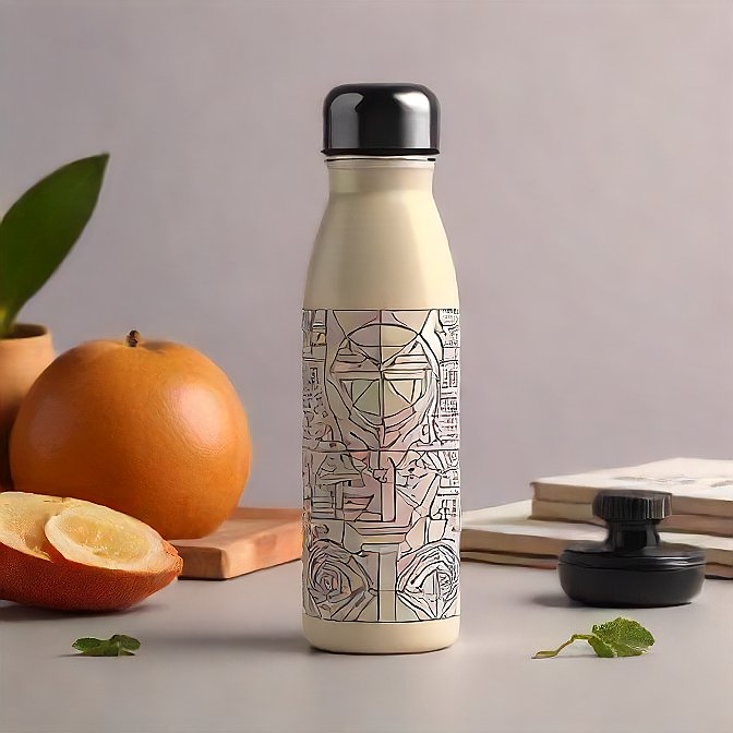 Studio shot of a cream-colored steel bottle with a modern artistic line design and black lid.