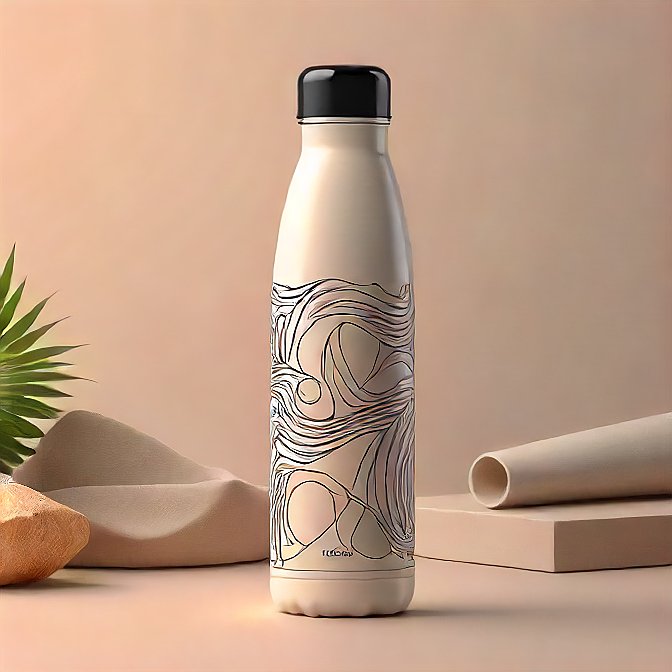 Professional studio shot of a cream-colored stainless steel insulated bottle featuring artistic linework.