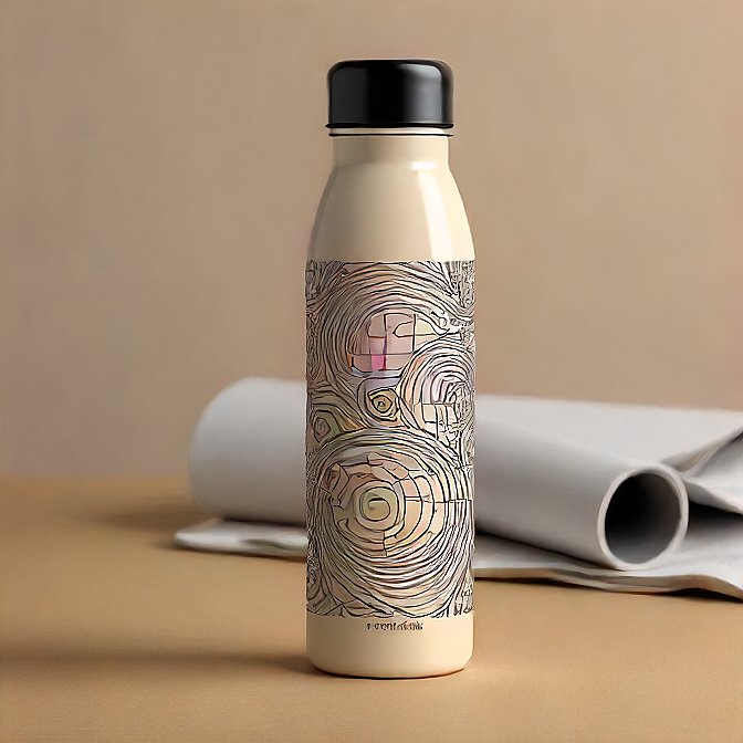 Stylish thermos water bottle with black lid and abstract line patterns, professionally displayed.