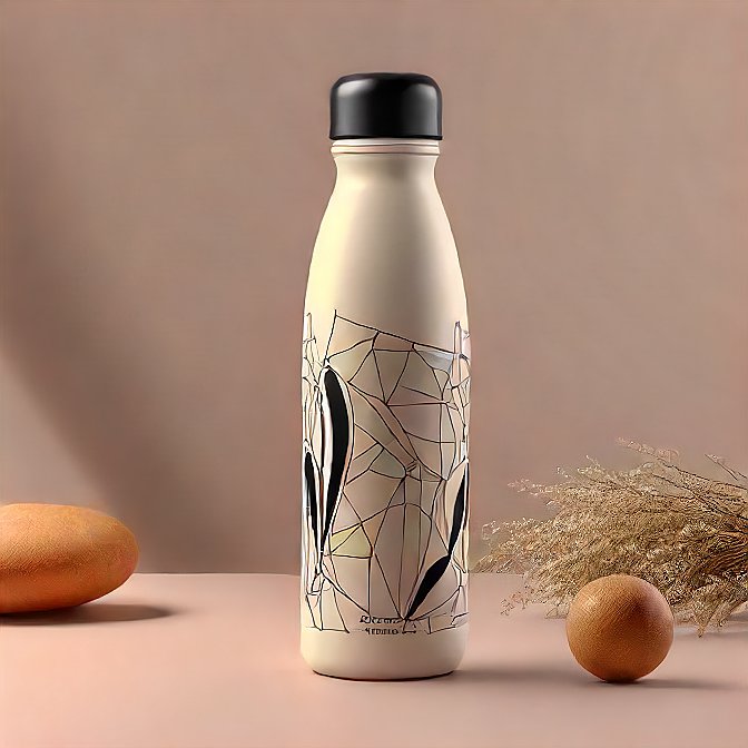 Cream-colored insulated water bottle with a modern abstract design, captured in a professional product studio.