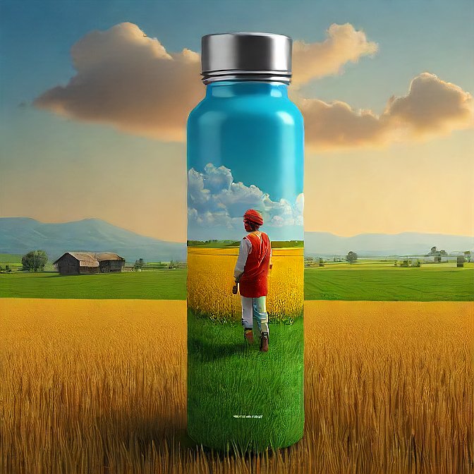 Cylindrical stainless steel bottle with detailed panoramic farming scenes.