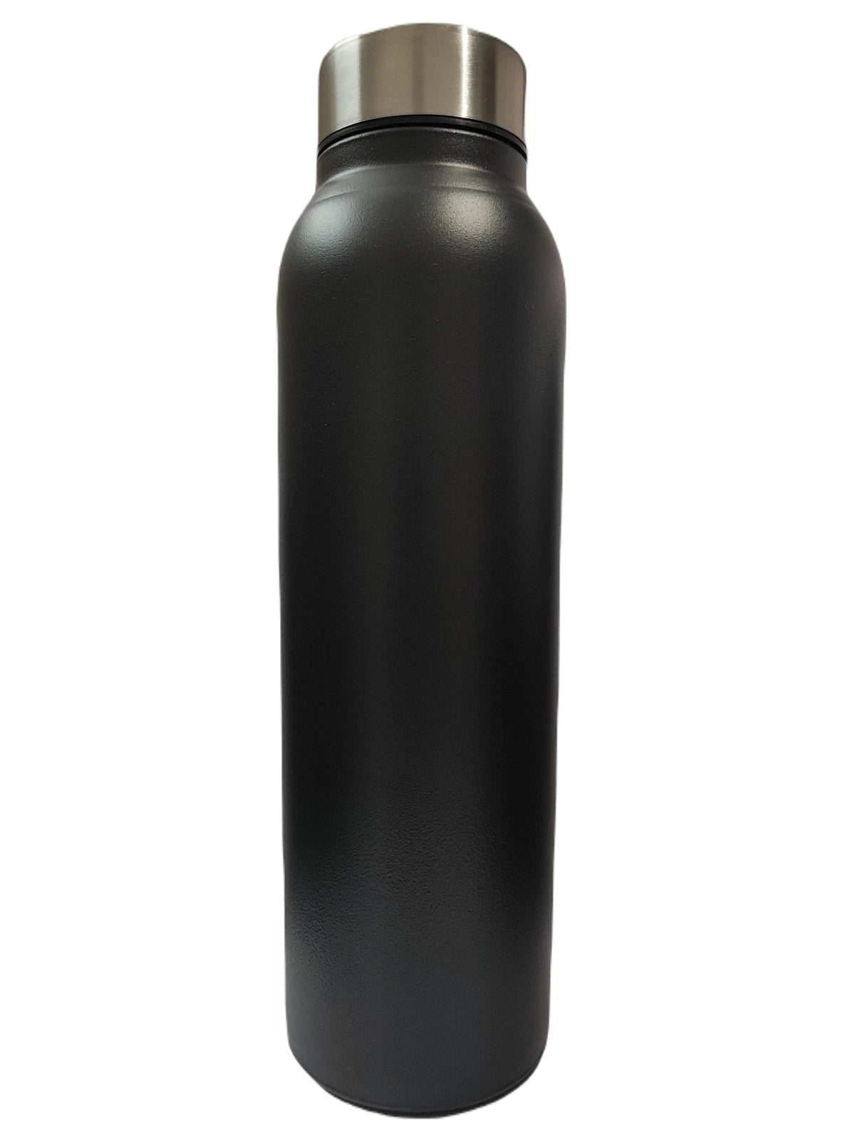 Double-walled black steel water bottle designed for long-lasting temperature retention.