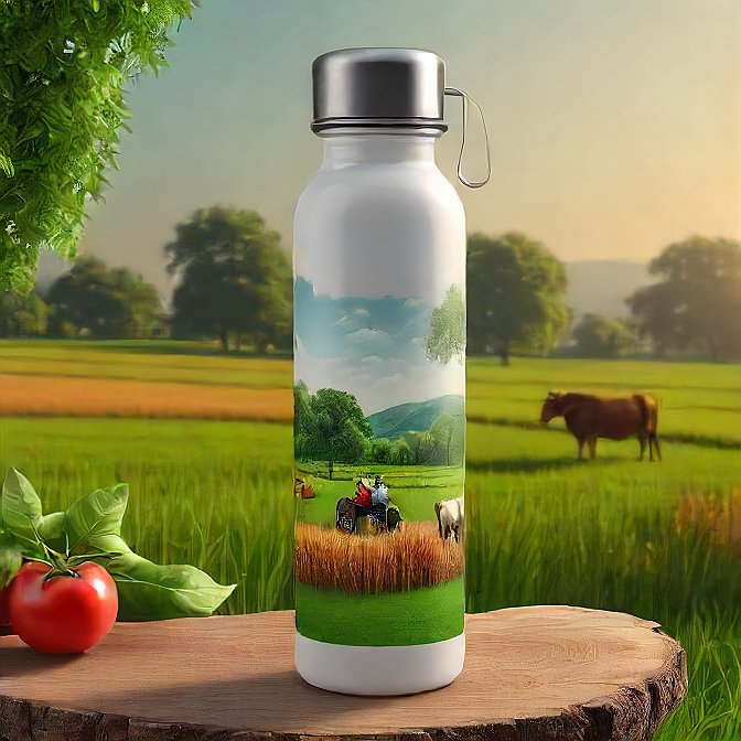 Cylindrical insulated water bottle with Indian farmer artwork in a studio setting.