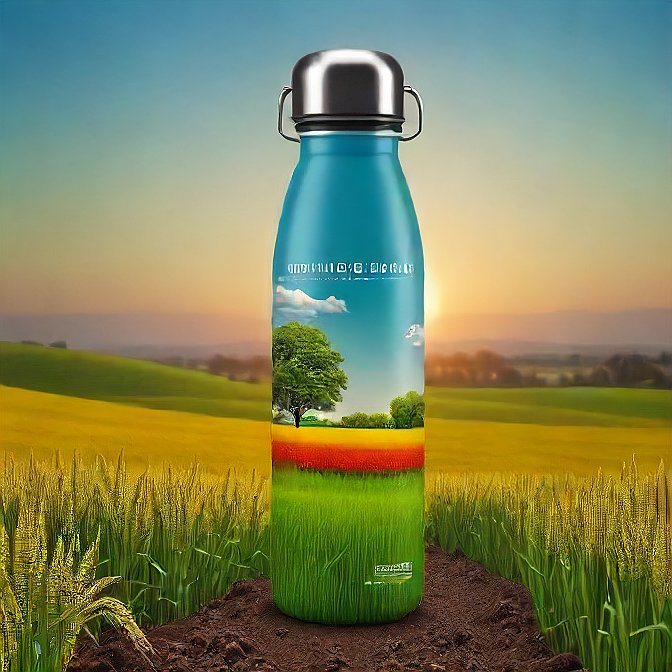 Artistic insulated water bottle depicting traditional farming life in India.