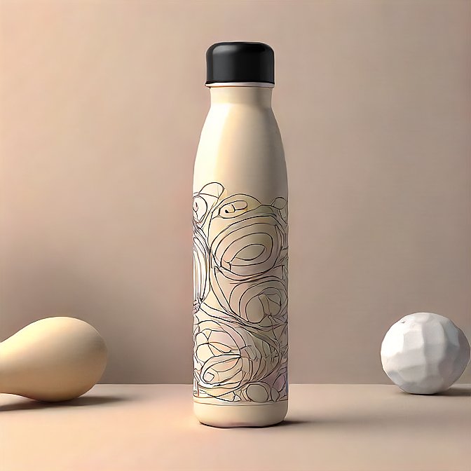 Thermos water bottle with a cream exterior and flowing abstract patterns, shot in a studio.