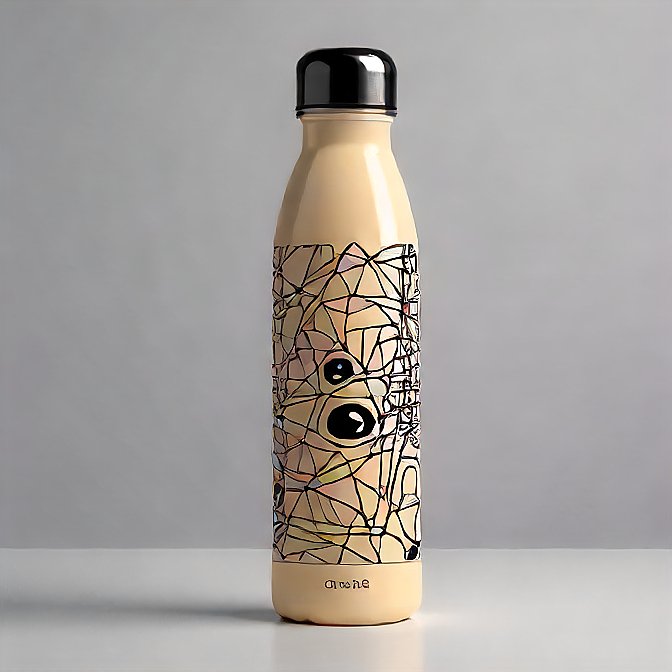 Cream-colored thermos water bottle with intricate line art, shot in a professional studio.