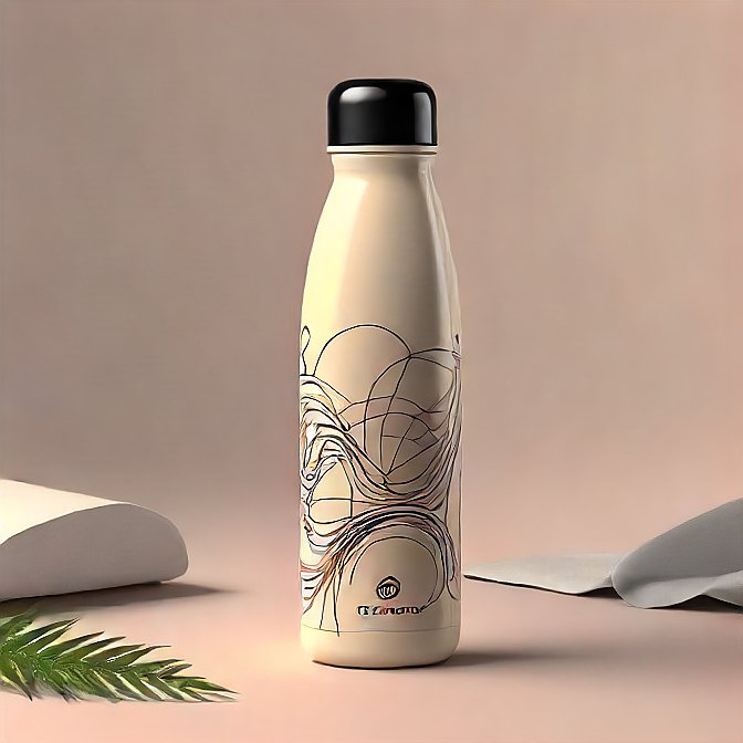 Abstract design steel bottle with cream finish, photographed in a minimalist product studio.