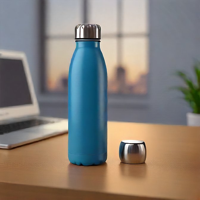 A vibrant blue water bottle with a polished silver cap resting on an office desk.