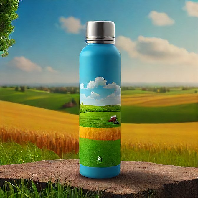 Studio image of a sleek hot and cold bottle featuring farmers sowing crops.