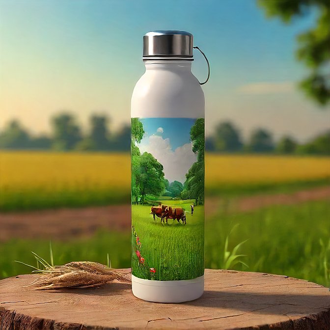 Hot and cold bottle featuring vibrant illustrations of traditional Indian farming.