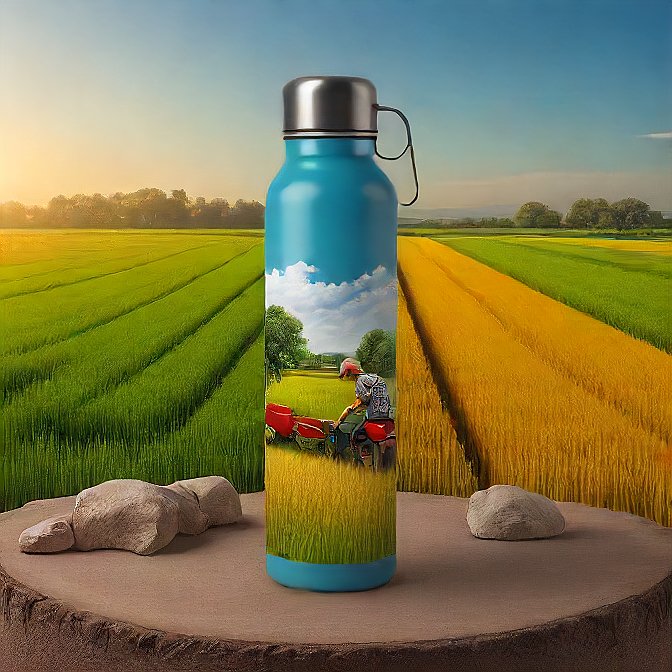 Premium insulated bottle with oxen and traditional farming tools in the design.