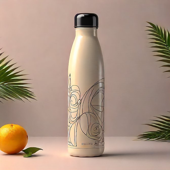 Elegant cream insulated water bottle with black cap and intricate designs, professionally captured.