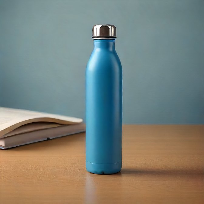 A chic blue insulated bottle on a wooden table, ideal for daily hydration.