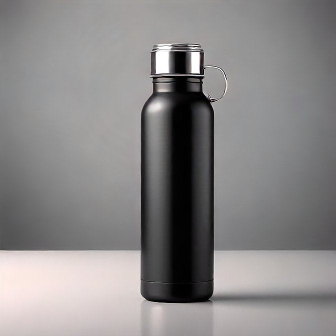 A sleek black insulated water bottle with a silver lid and carry handle, ideal for keeping beverages hot or cold.