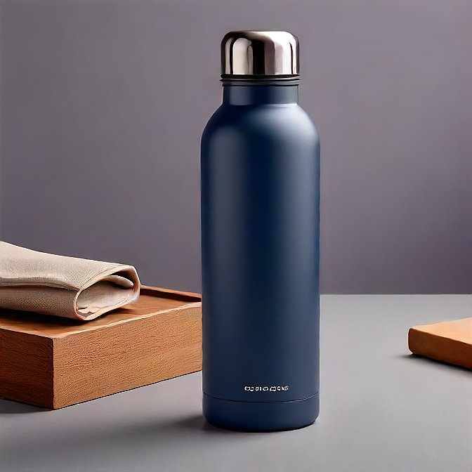 Matte navy blue temperature water bottle on a reflective surface, captured in a minimalist product photoshoot.