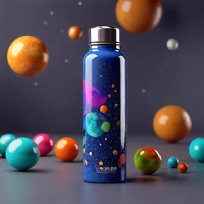 Insulated water bottle with a bright and colorful space-themed design