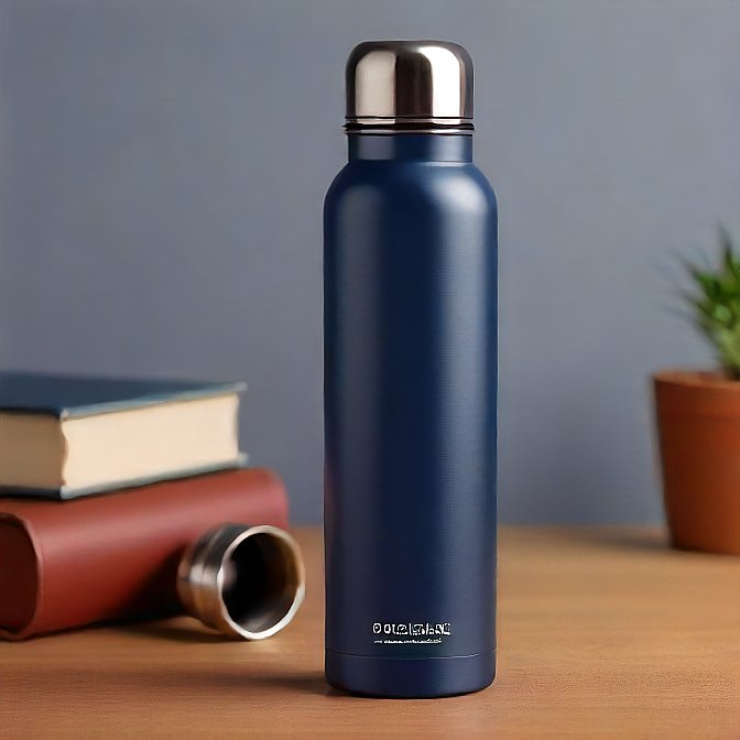 Studio shot of a navy blue insulated water bottle, showcasing its steel finish and ergonomic shape.