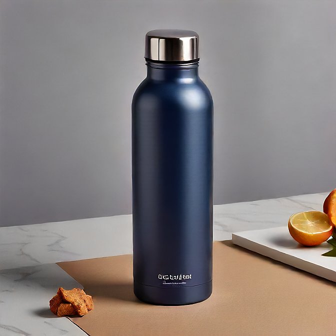 Navy blue steel water bottle with brushed metal accents, captured in a professional product photography session.