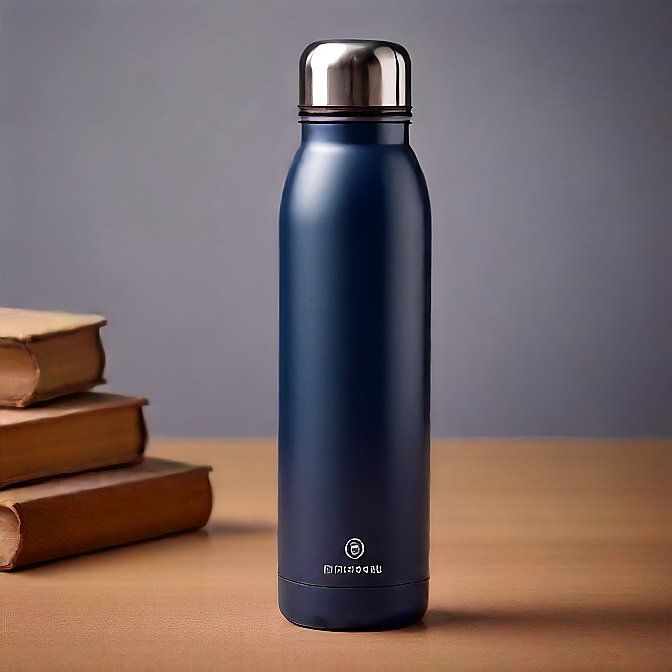 Navy blue thermos water bottle with a secure lid, professionally styled and photographed on a dark wood surface.