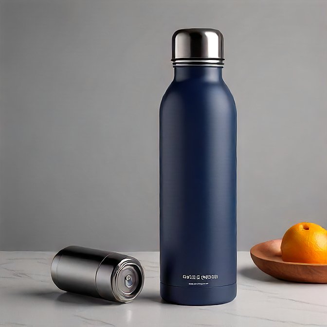 "Navy blue steel water bottle in a professional studio photoshoot, placed against a sleek white background.