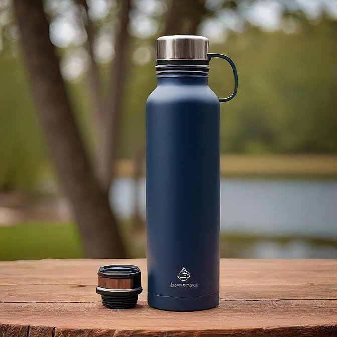 Close-up of a matte navy blue hot and cold water bottle, photographed professionally against a neutral background.