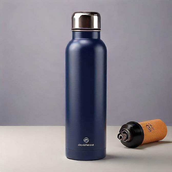 Navy blue hot and cold water bottle showcased with elegant lighting, highlighting its premium design.