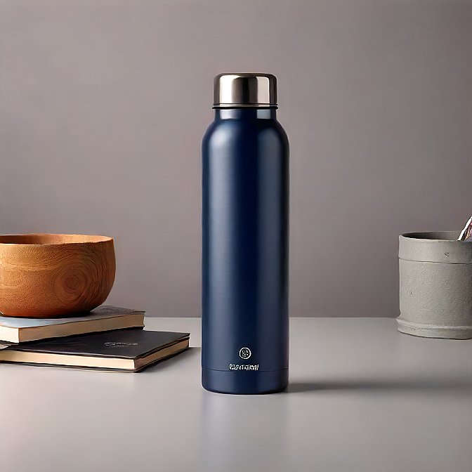 Thermos-style navy blue water bottle with a secure lid, professionally photographed on a smooth, light-grey background."