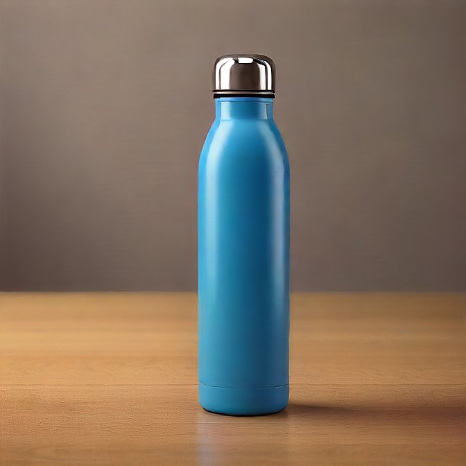 Elegant blue insulated bottle with a reflective cap on a wooden desk, perfect for staying hydrated.