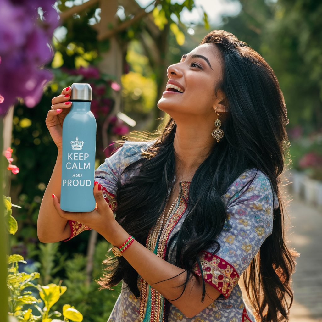 A smiling woman with long hair, wearing a saree, holding a blue motivational water bottle while standing in a sunny green park.