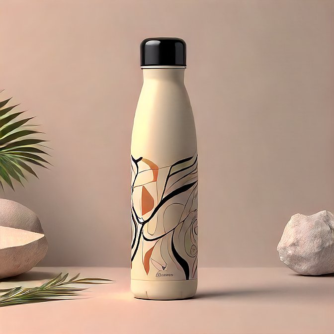 Cream-colored stainless steel bottle with abstract line art, displayed in a professional studio setup.