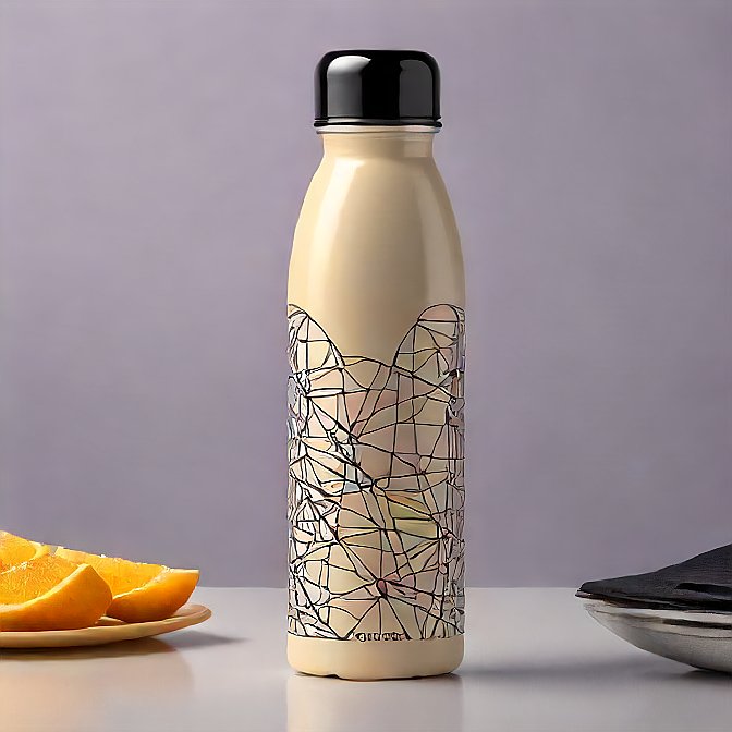 Cream-colored insulated bottle with abstract line design, photographed in a studio setting.