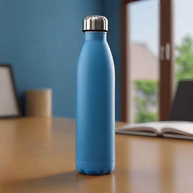 A blue vacuum-sealed water bottle with a silver top placed next to office supplies.