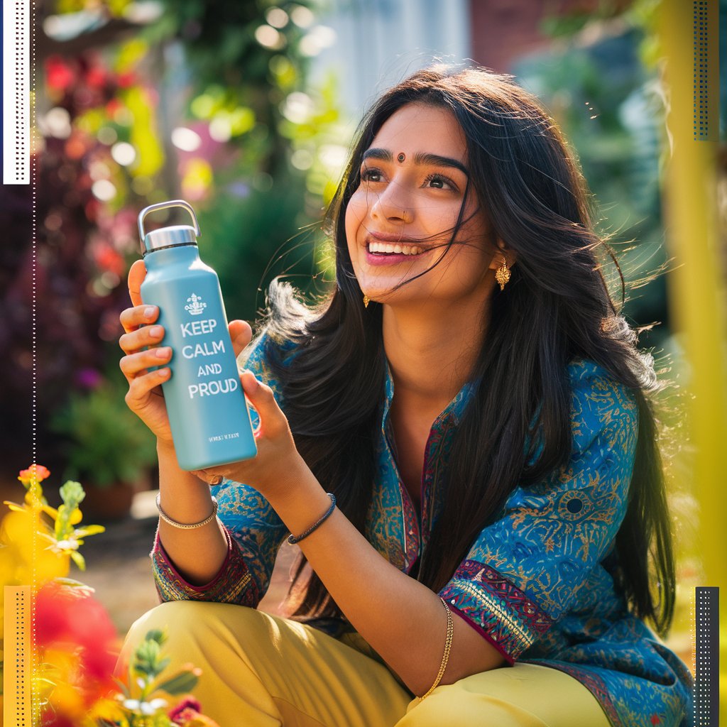 A young lady enjoying a park setting, holding a light blue water bottle with inspiring words, dressed in a traditional blue and beige outfit.