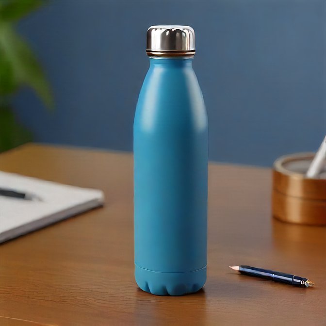 Blue matte stainless steel bottle with a silver lid, placed on a wooden table in a minimalistic workspace.