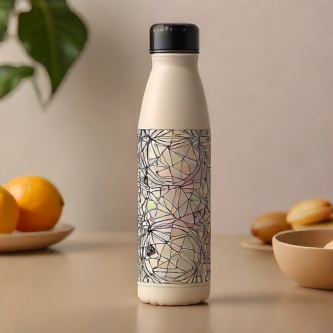 Stainless steel insulated bottle with abstract patterns, professionally photographed in a minimalist studio.