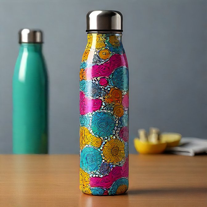 Steel water bottle with a unique, colorful design