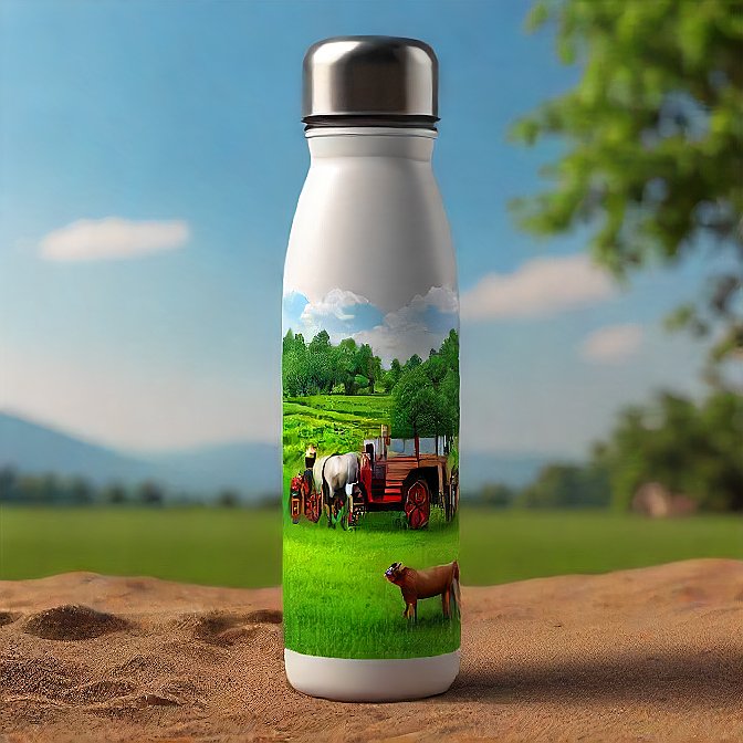 Elegant cylindrical bottle with traditional Indian farming tools and harvest design.