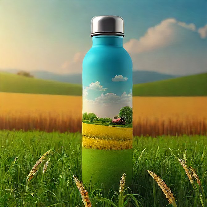 Cylindrical steel bottle with vibrant illustrations of rice fields and farmers.