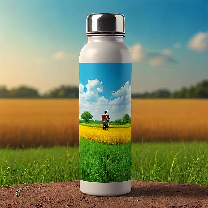 Cylindrical steel bottle with vibrant illustrations of rice fields and farmers.