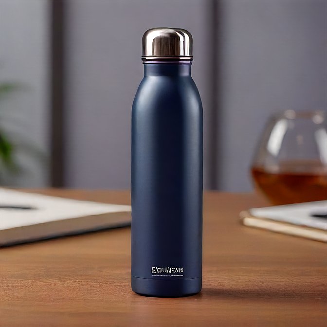 Navy blue hot and cold water bottle with sleek curves, professionally photographed on a matte black background.