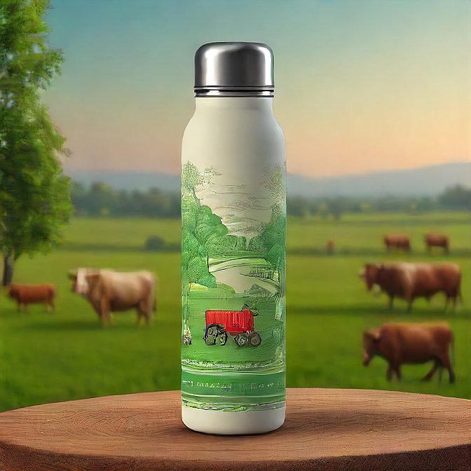 Stainless steel water bottle with detailed rural farming scenes wrapped around.